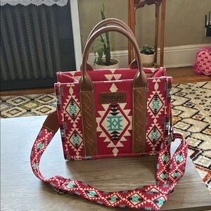 Wrangler Red Aztec Canvas Crossbody Tote with Brown Accents